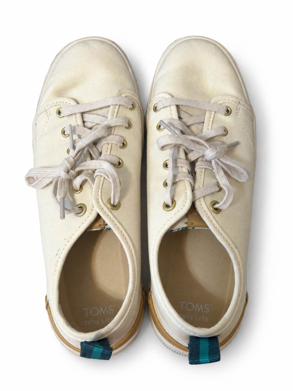 TOMS Cream Canvas Low-Top Lace-Up Sneakers with Teal Heel Tab